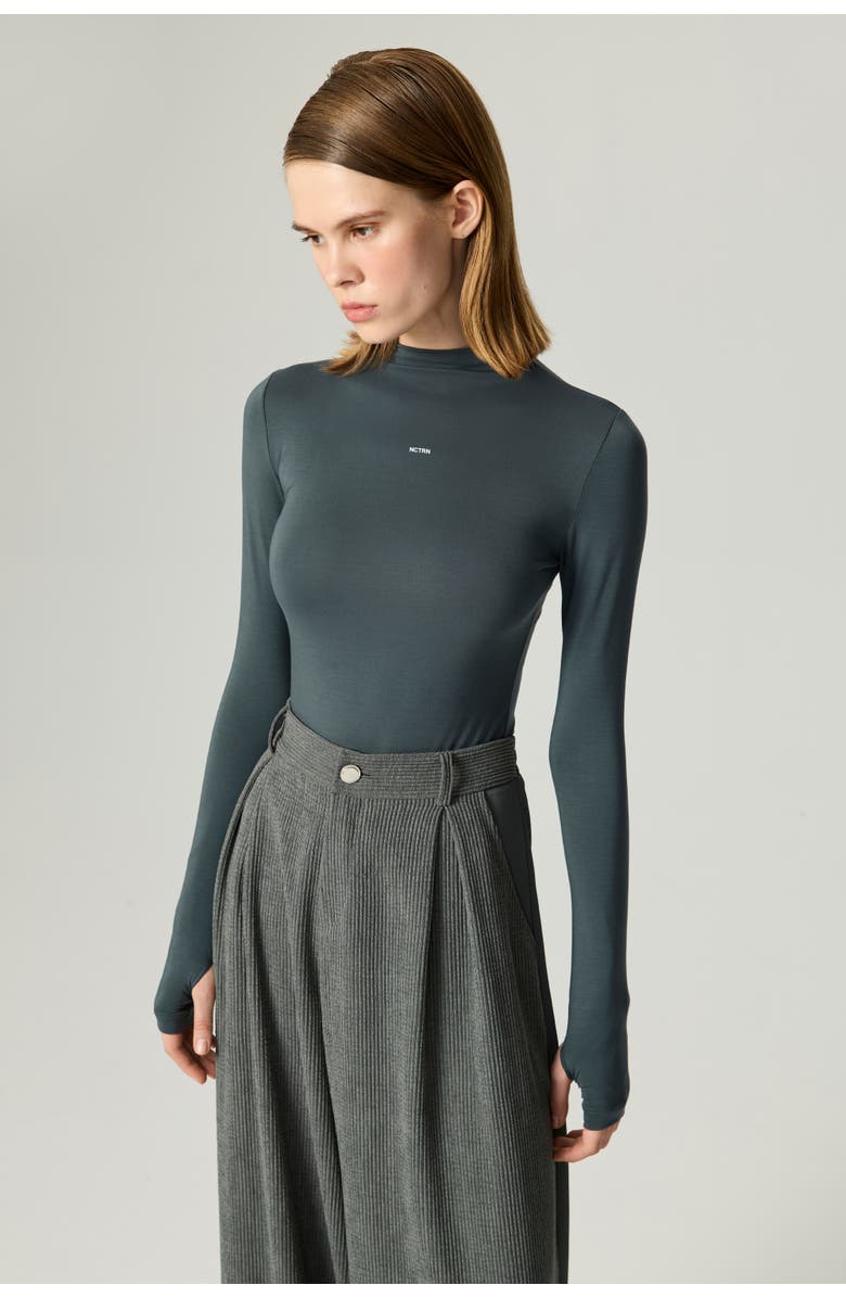 Nocturne Long-Sleeve Mock-Neck Jersey Bodysuit, Alternate, color, Petrol Green