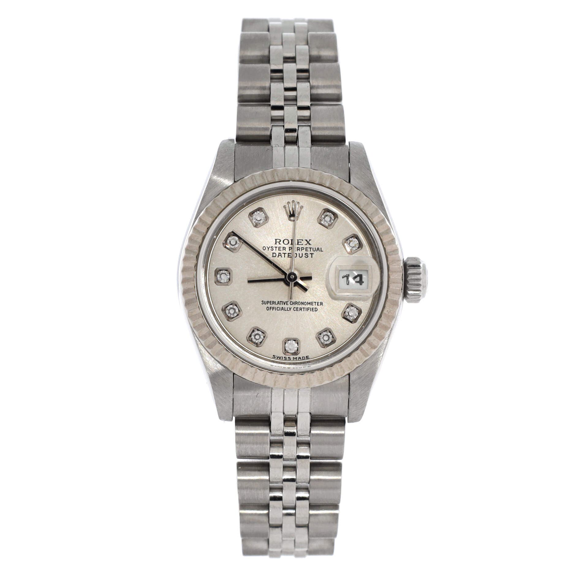 Oyster Perpetual Datejust Automatic Watch Stainless Steel and White Gold with Diamond Markers 26, Main, color, Metallic Silver