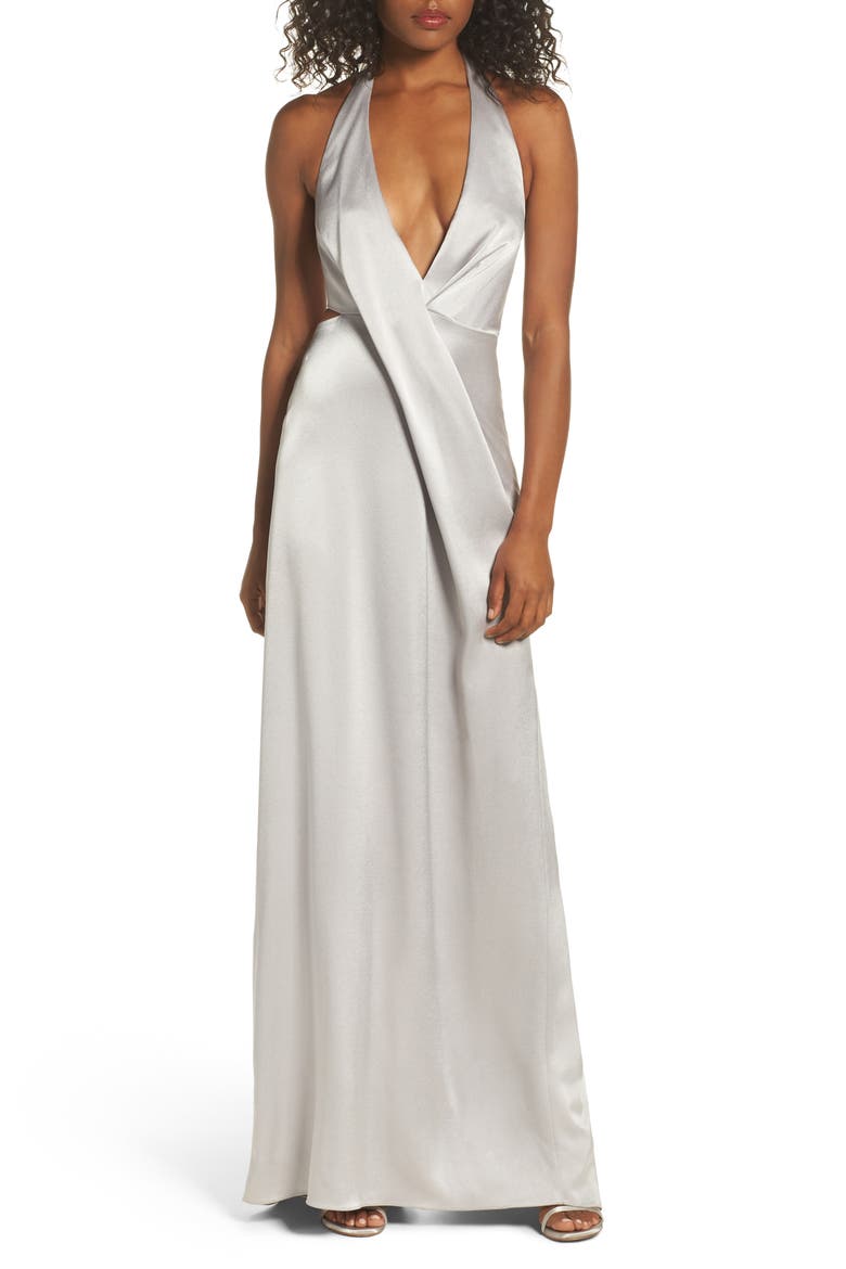V-Neck Draped Satin Gown, Main, color, FOG