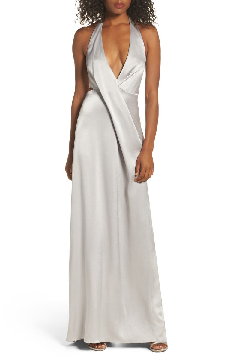 Halston Heritage V-Neck Draped Satin Gown, Main, color, 