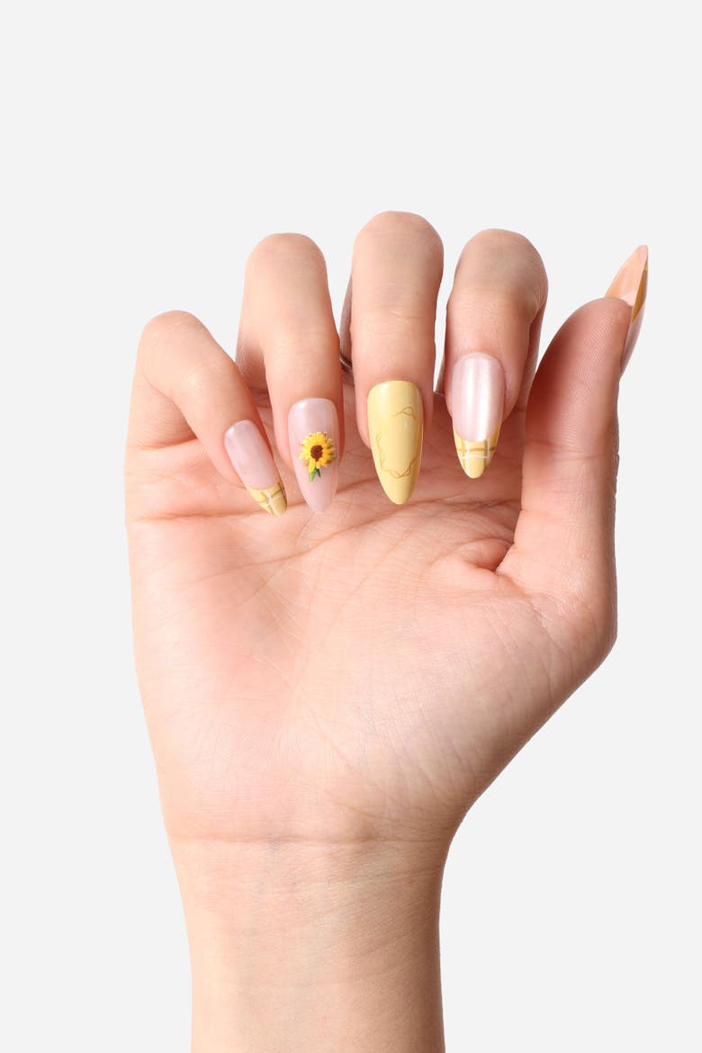 Van Gogh Sunflowers Almond Press On Nails, Alternate, color, Yellow