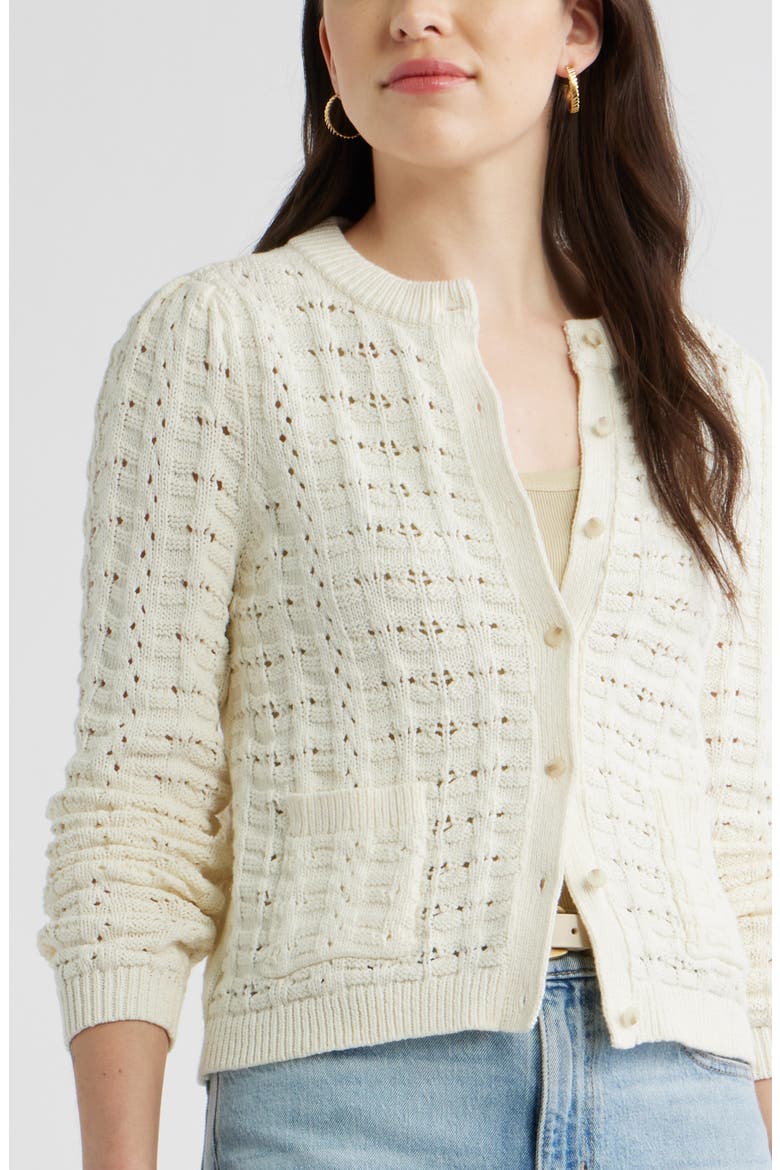Pointelle Stitch Cotton Cardigan, Alternate, color, IVORY PRISTINE