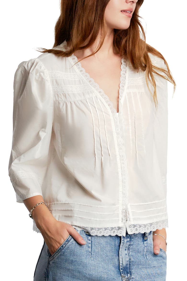 Fable Floral Lace Trim Cotton Blend Button-Up Shirt, Alternate, color, COTTAGE WHITE