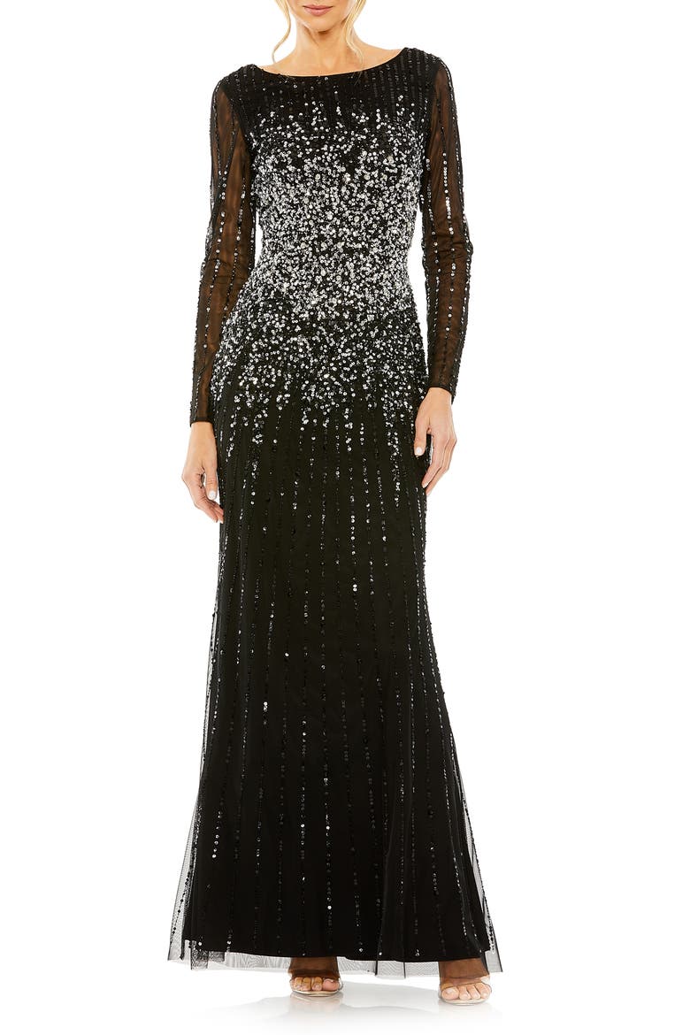 High Neck Sequin Embellished Long Sleeve A Line Gown, Main, color, BLACK