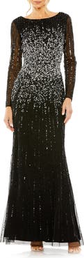 Mac Duggal High Neck Sequin Embellished Long Sleeve A Line Gown