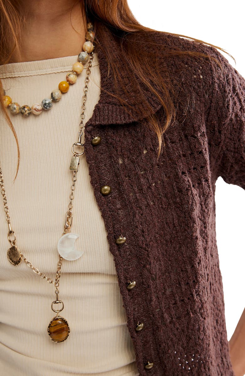 Free People Daylight Collared Short Sleeve Cotton Blend Cardigan, Alternate, color, French Chocolate