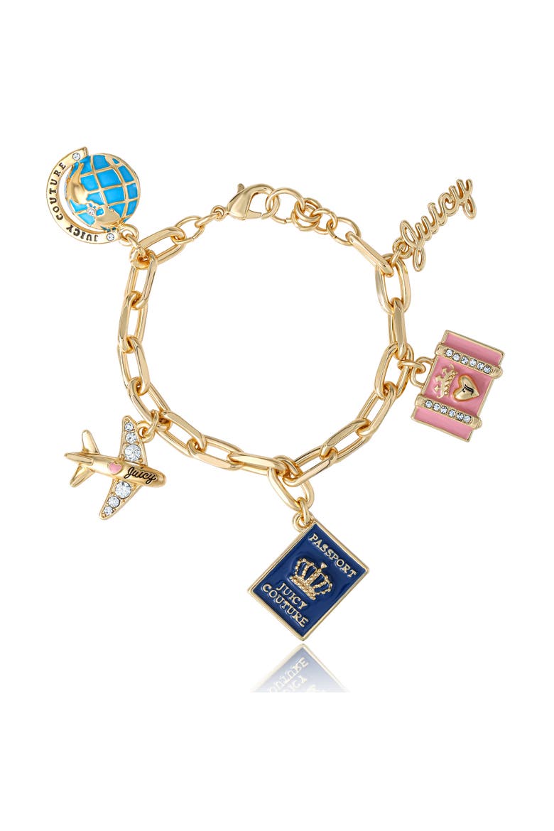 Travel Icons Charm Bracelet, Gold-Tone with Blue & Pink Enamel, Main, color, Gold Tone