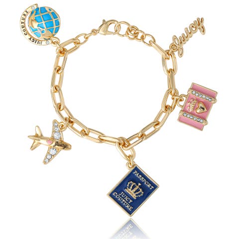 Travel Icons Charm Bracelet, Gold-Tone with Blue & Pink Enamel