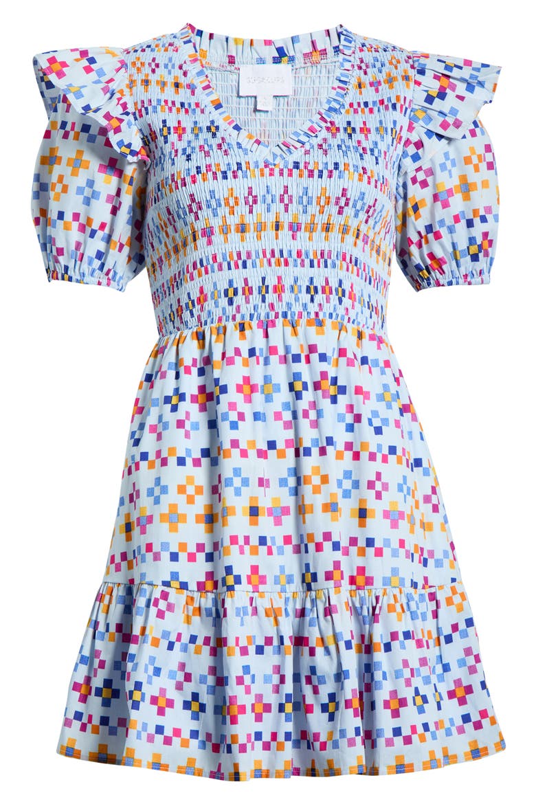 Kessa Geo Smocked Minidress, Alternate, color, LIGHT BLUE