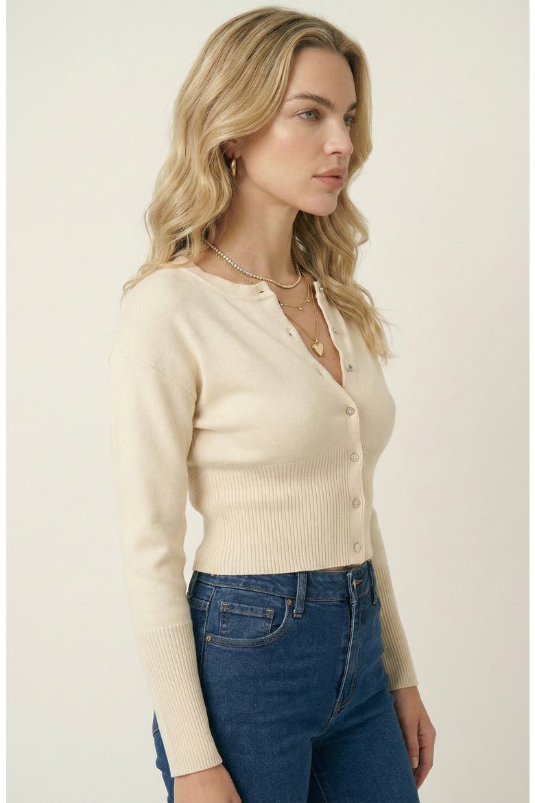 Fitted Pearlized Buttoned Ribbed Cardigan, Alternate, color, Ivory