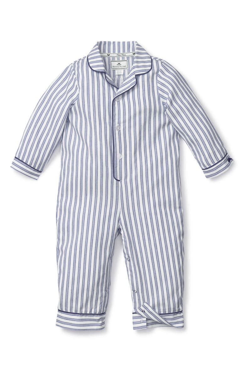 Petite Plume Stripe Cotton Blend Button-Up Romper, Main, color, Navy
