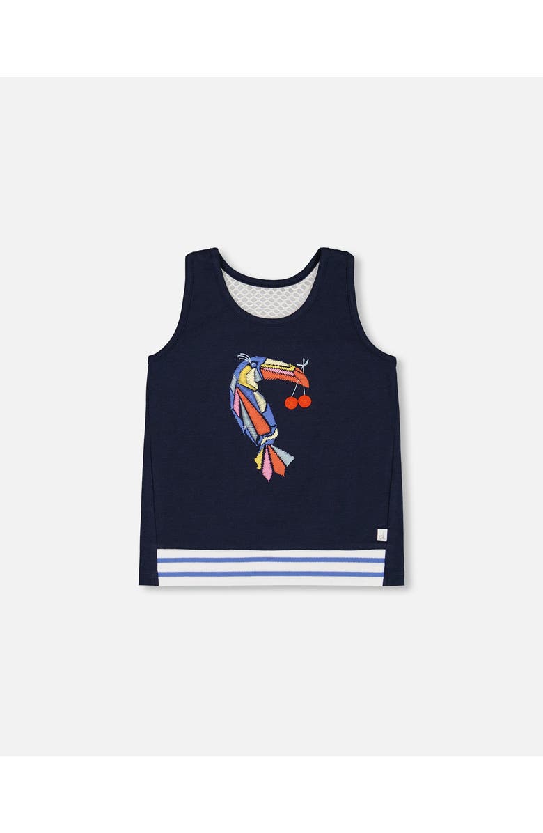 Deux par Deux Girl's Organic Cotton Tank Top Navy Blue And Toucan, Main, color, Navy Blue And Toucan