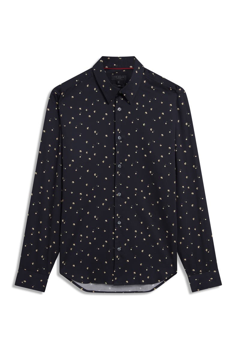Iskran Floral Print Stretch Cotton Button-Up Shirt, Alternate, color, NAVY
