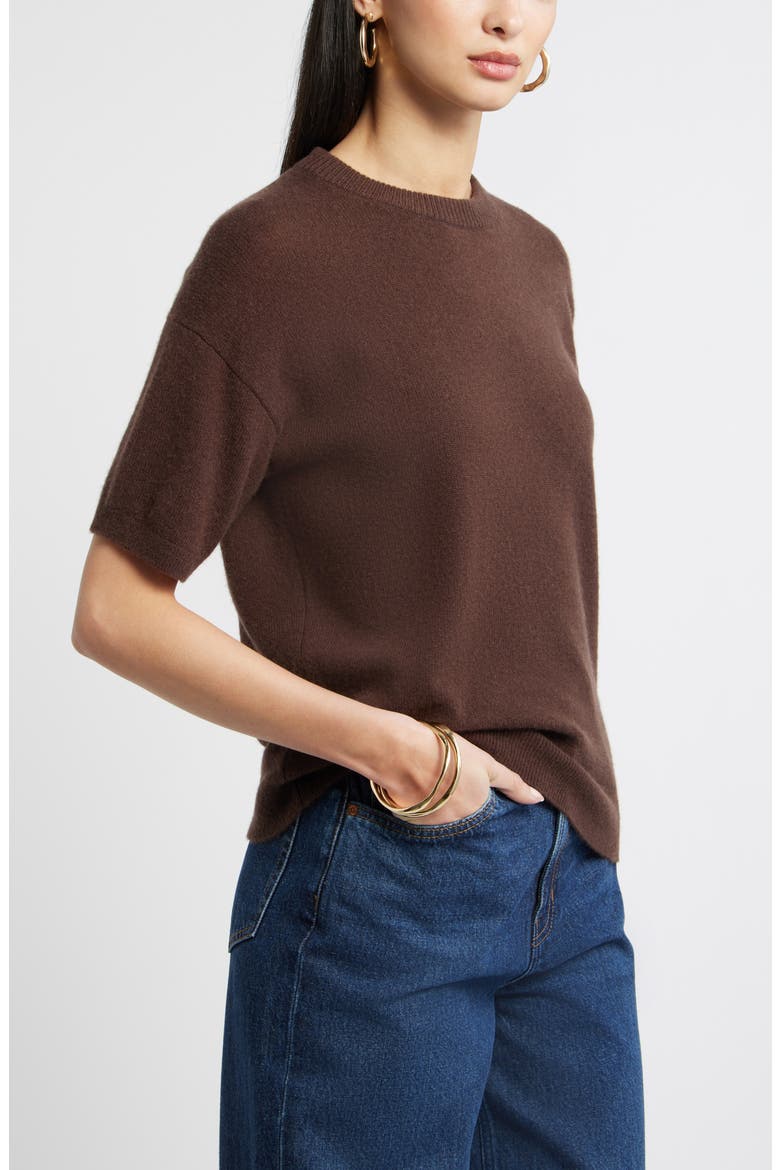Short Sleeve Cashmere Sweater, Alternate, color, BROWN MOLE