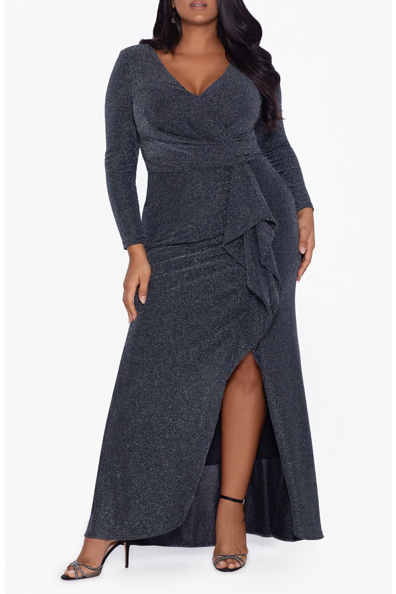 Metallic Long Sleeve Ruffle Side Slit Gown, Main, color, BLACK/ SILVER