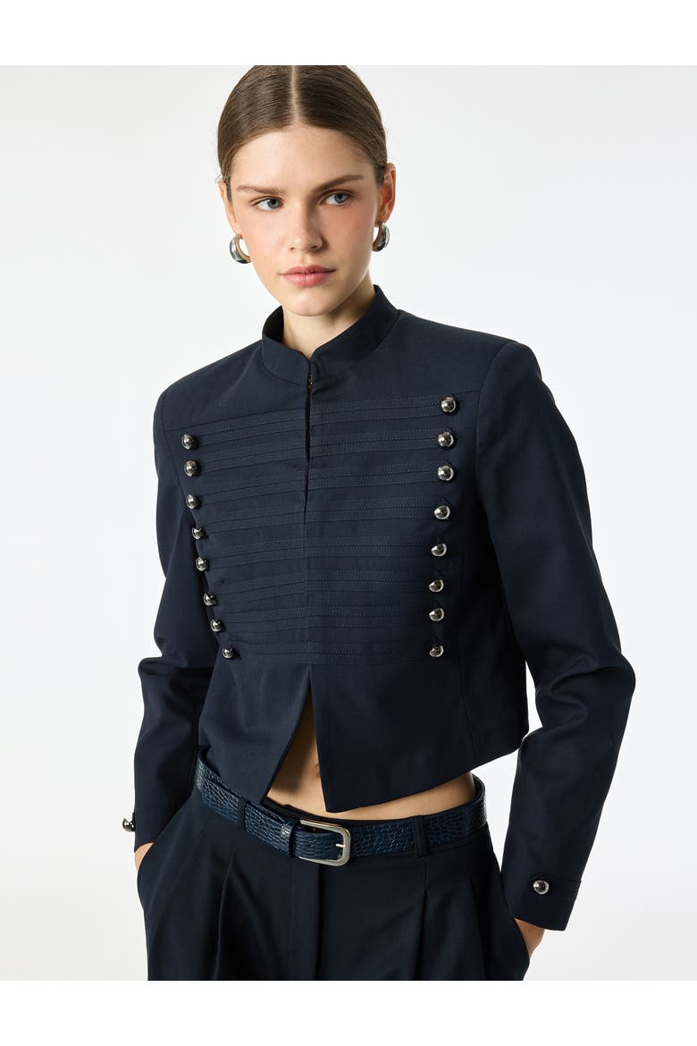 Manadarin Collar Long Sleeve Napoleon Jacket with Button Detail, Alternate, color, NAVY