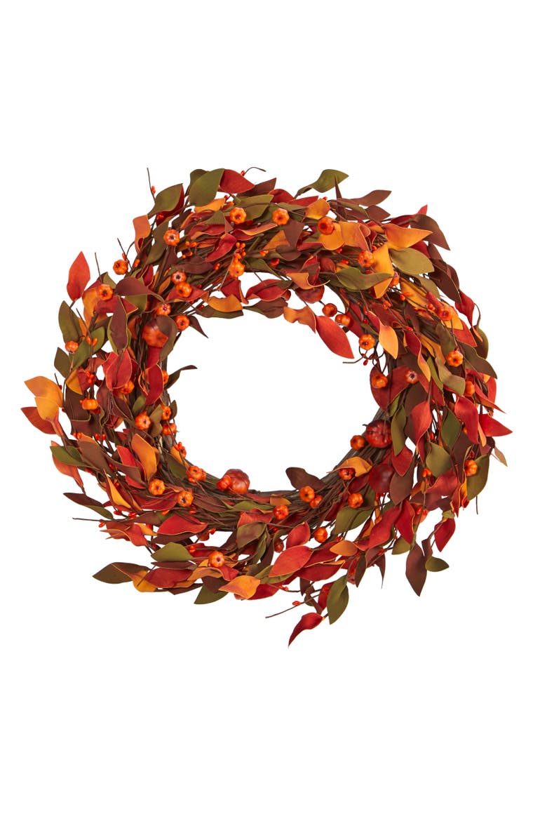 20-in Harvest Leaf and Mini Pumpkin Artificial Wreath, Main, color, Orange