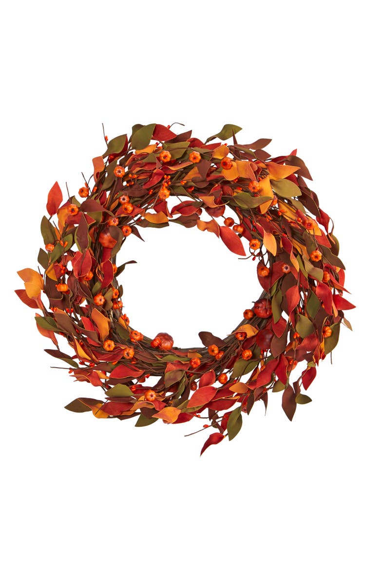 NEARLY NATURAL 20-in Harvest Leaf and Mini Pumpkin Artificial Wreath, Main, color, Orange
