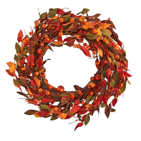 20-in Harvest Leaf and Mini Pumpkin Artificial Wreath