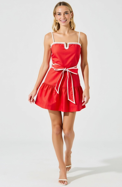 Modenaire Spaghetti Strap Mini Dress With Crochet Trim And Tie Waist In Red