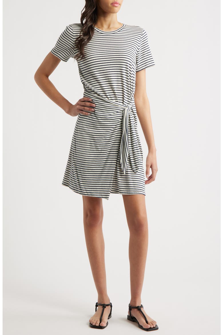 Edie Stripe Tie Waist T-Shirt Dress, Main, color, IVORY NAVY MICRO STRIPE