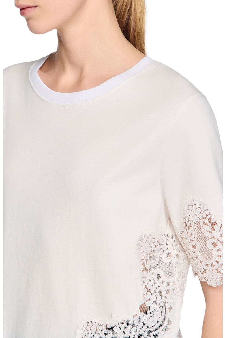 Cotton T-shirt with lace detail, Alternate, color, Ecru