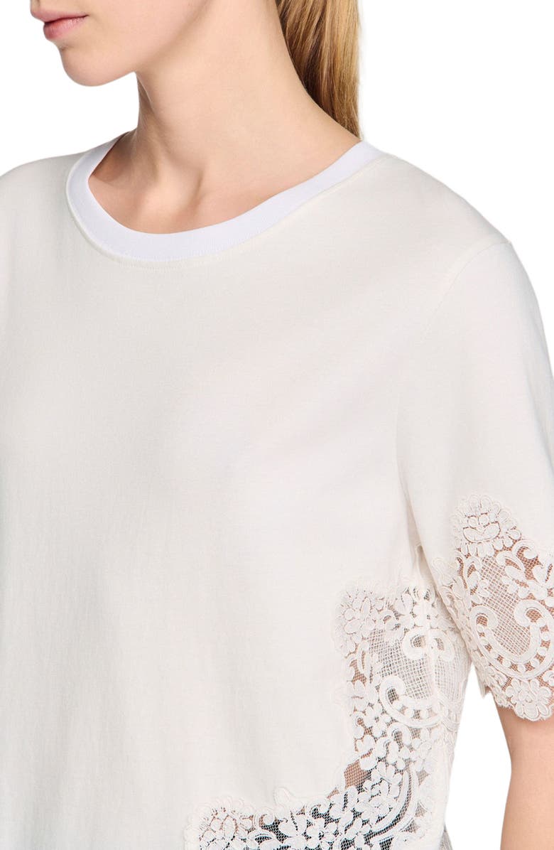 SANDRO Cotton T-shirt with lace detail, Alternate, color, Ecru