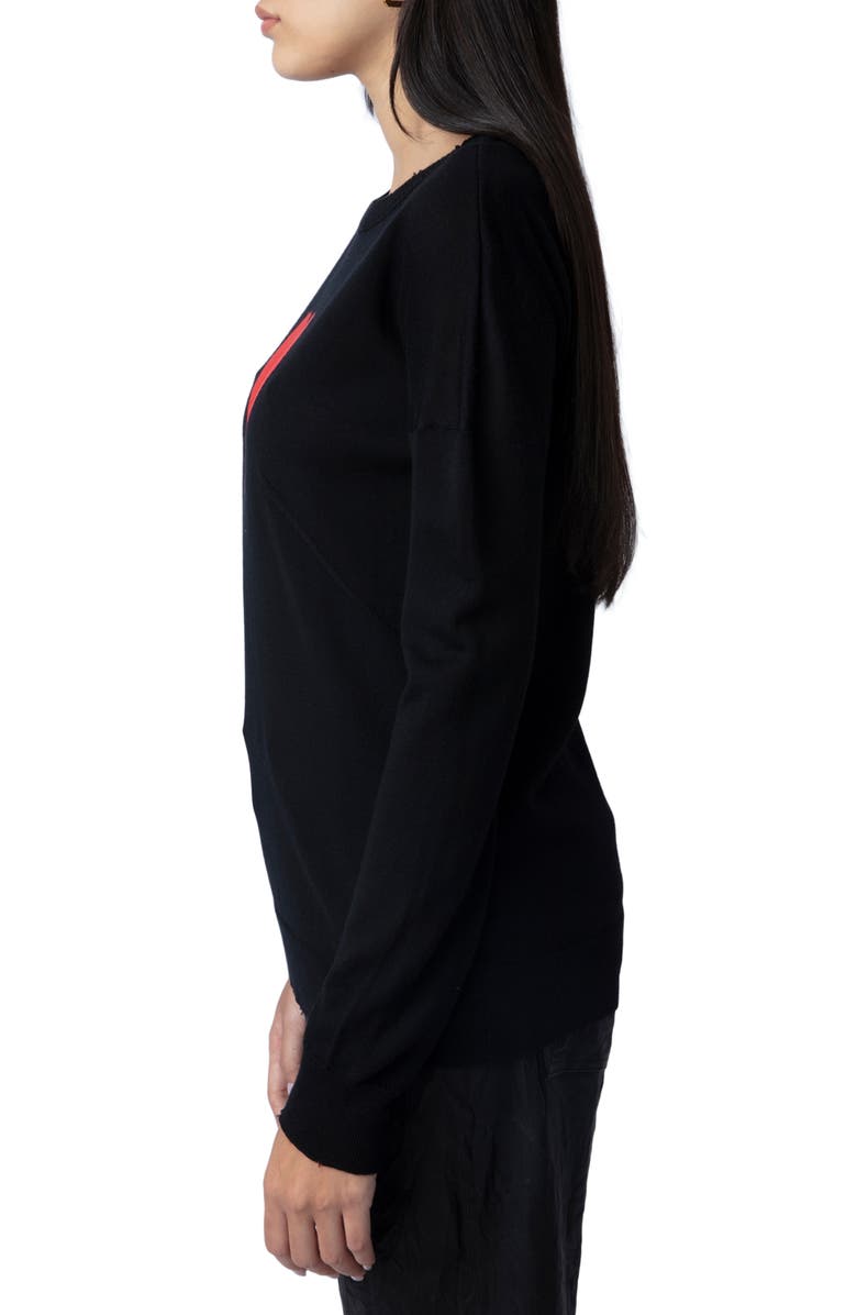 Zadig & Voltaire Gaby Intarsia Heart Wool Crewneck Sweater, Alternate, color, Noir