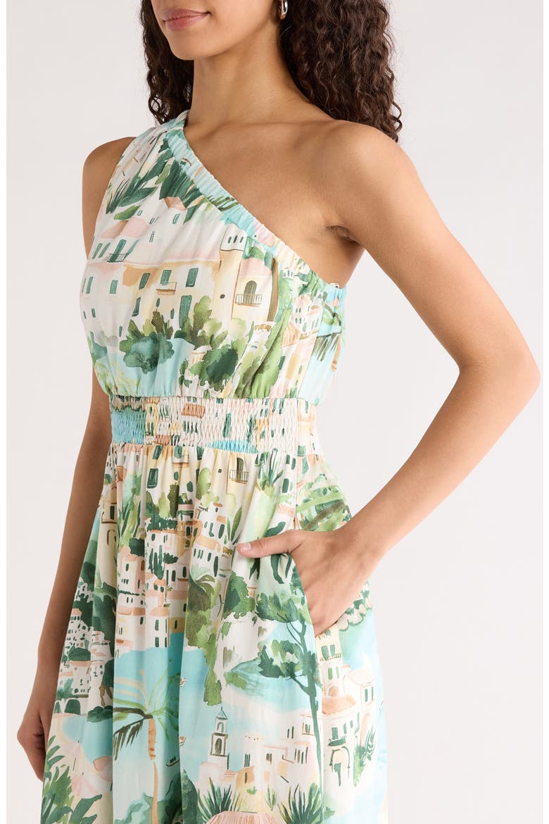 Piti Town Islay Smocked One-Shoulder Midi Dress, Alternate, color, AQUA-MULTI