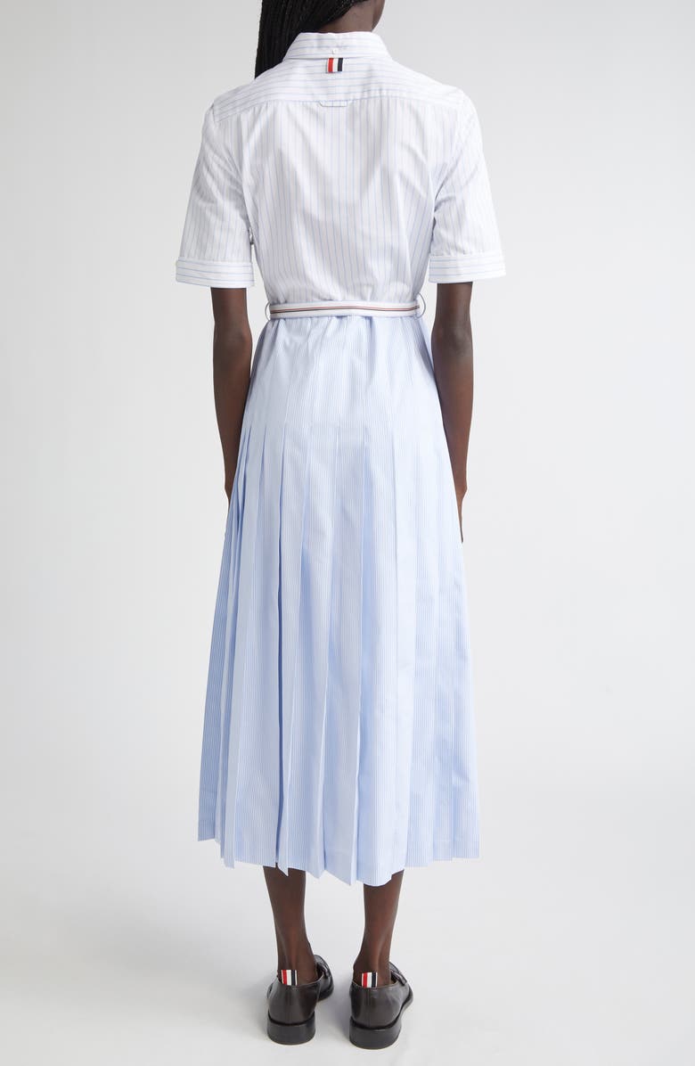 Thom Browne Mixed Stripe Pleated Button-Down Shirtdress, Alternate, color, Light Blue