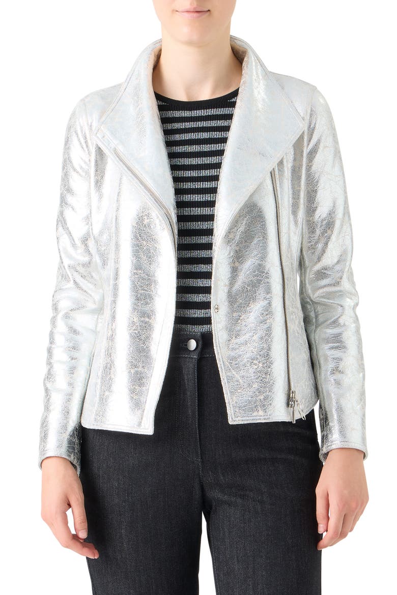 Metallic Faux Leather Moto Jacket, Main, color, ALUMINIUM