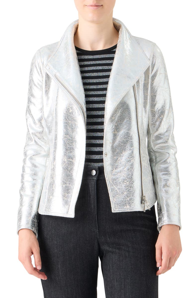 Akris punto Metallic Faux Leather Moto Jacket, Main, color, Aluminium