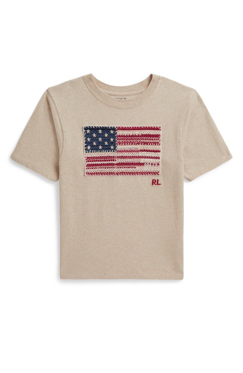 Polo Ralph Lauren Kids' Embroidered American Flag Cotton T-Shirt, Main, color, Expedition Dune Heather