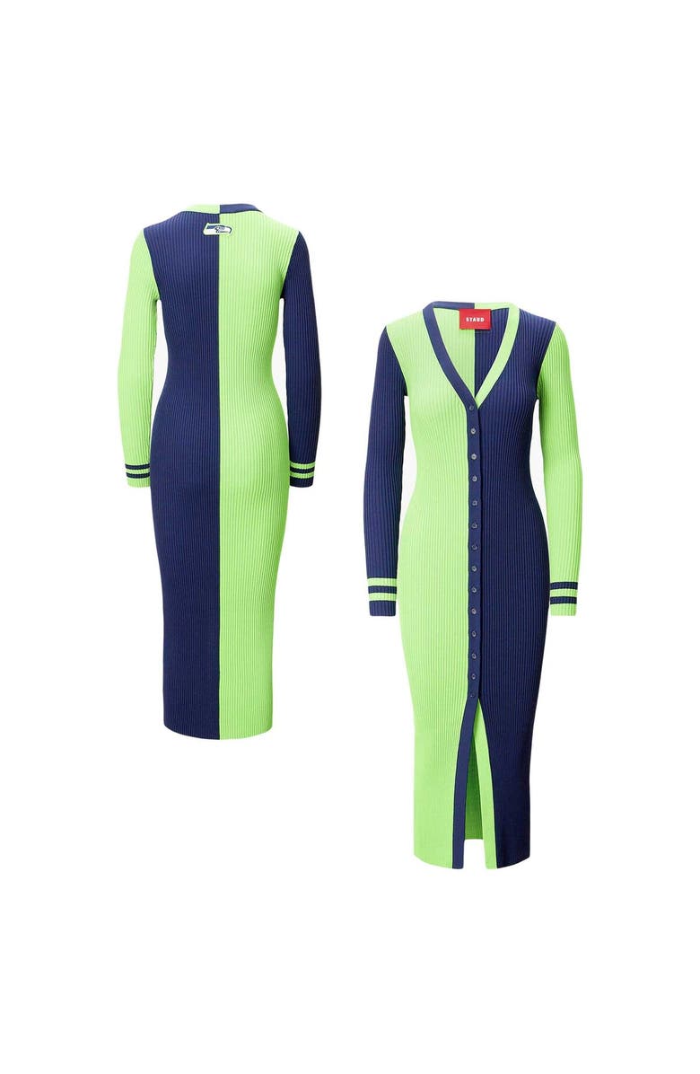STAUD Women's Neon Green/Navy Seattle Seahawks Shoko Knit Button-Up Sweater Dress, Main, color,