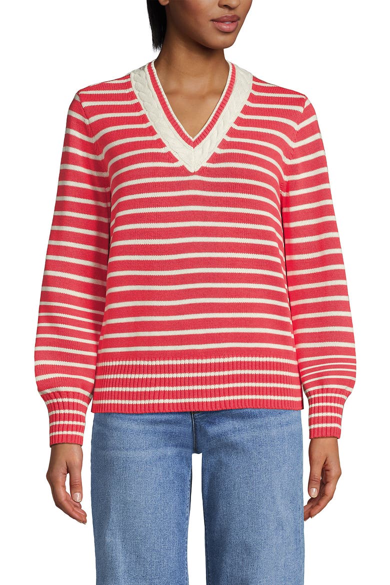 Drifter Set in Sleeve Vneck Sweater, Main, color, Coral/Ivory Mini Stripe