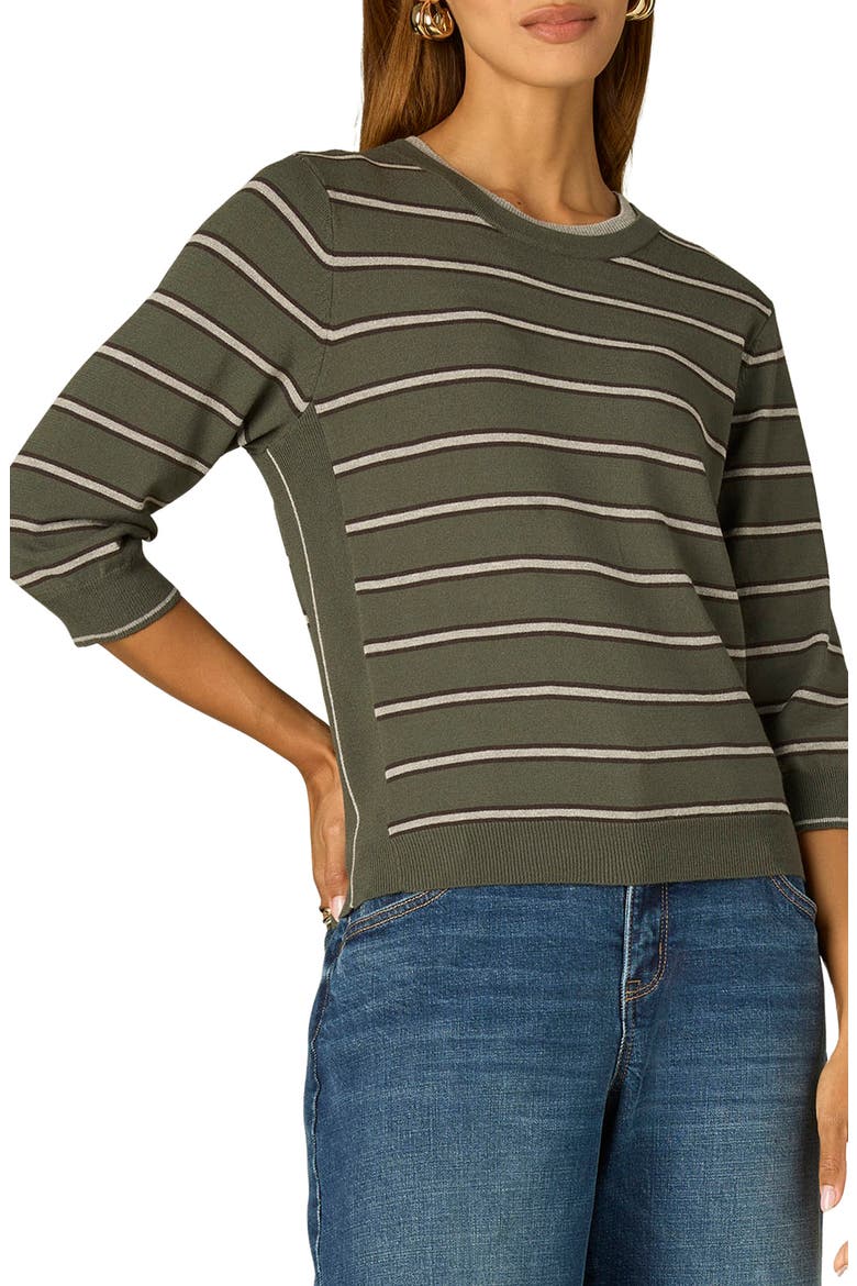 Stripe Three Quarter Sleeve Crewneck Sweater, Main, color, DARK FOREST/GREY MULTI