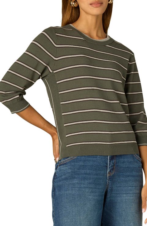 Stripe Three Quarter Sleeve Crewneck Sweater