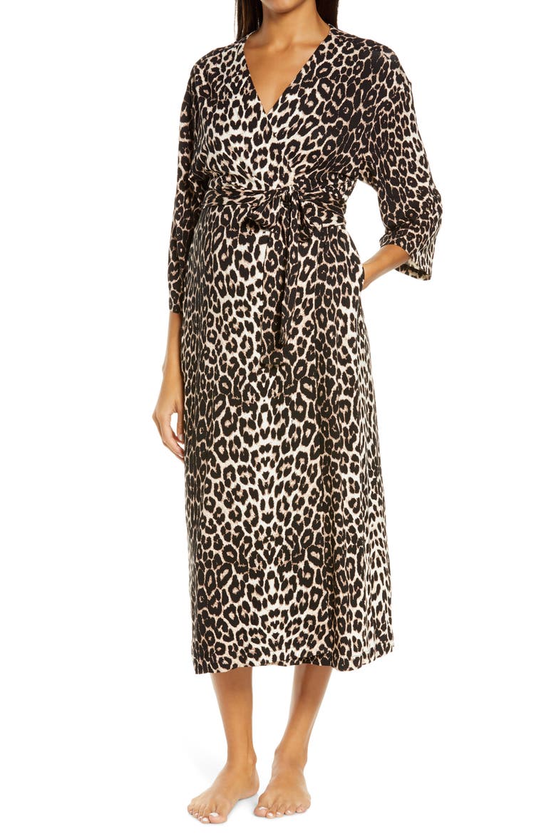 Animal Print Maternity/Nursing Robe, Main, color, BLACK AND TAN