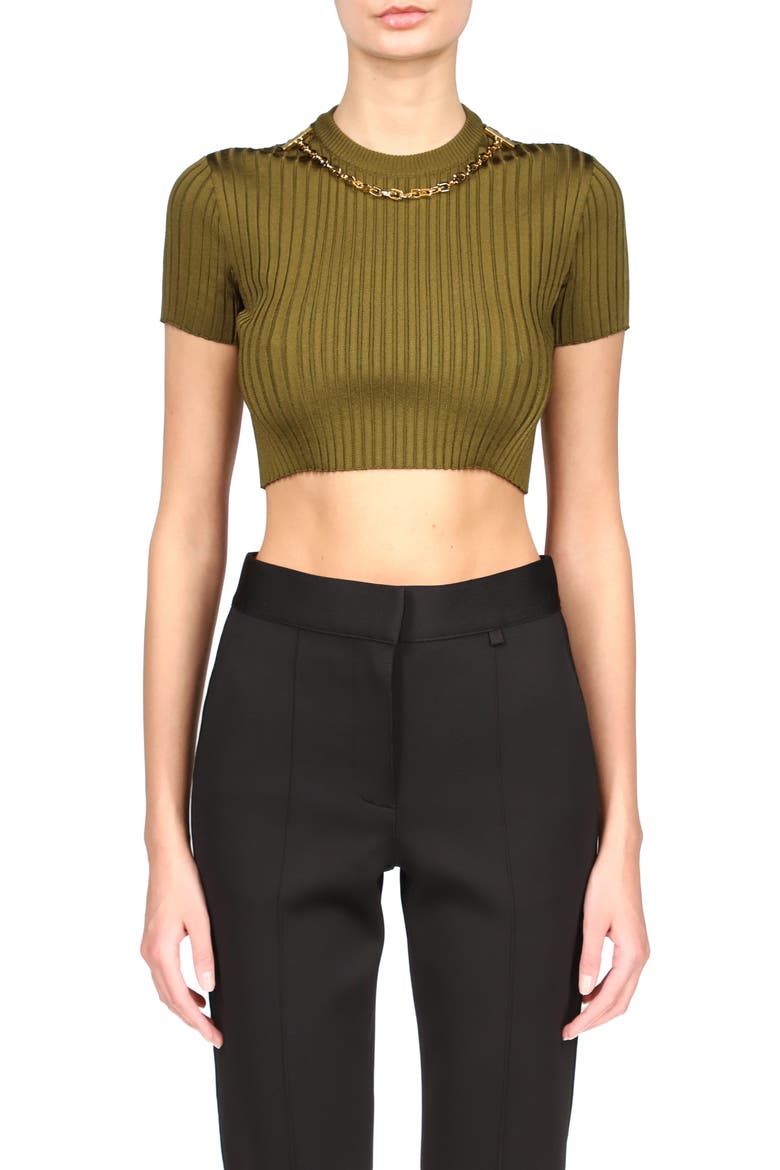 Chain Embellished Knit Crop Top, Main, color, BOTTLE GREEN