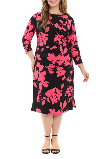London Times Ruched Long Sleeve Midi Dress In Black/berry