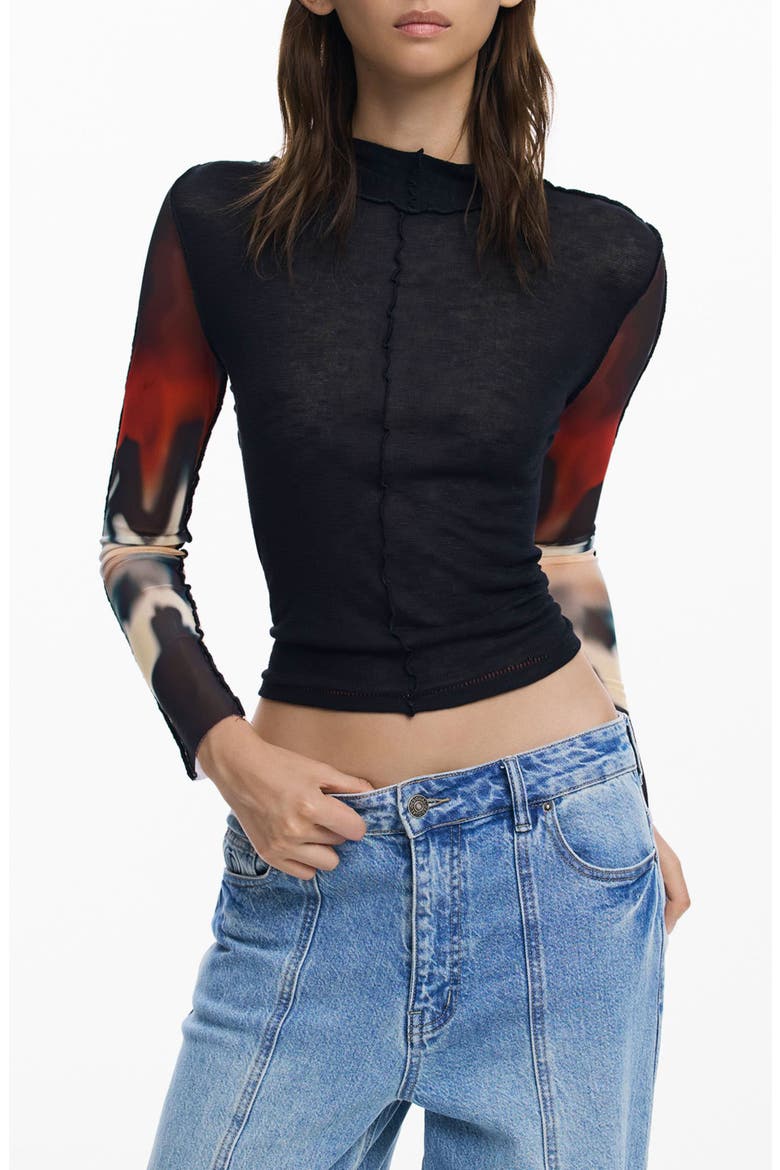 Long Sleeve Crop Top, Main, color, BLACK