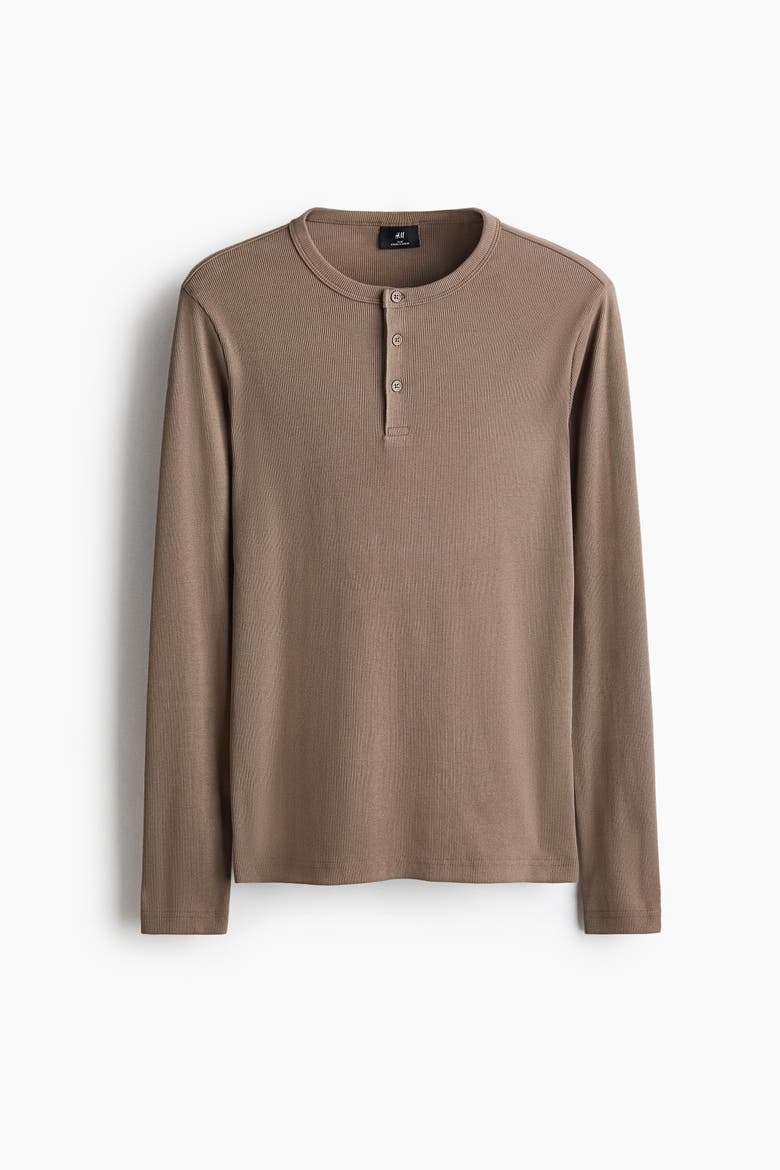 Slim-Fit Ribbed Cotton Henley Shirt, Main, color, Light beige