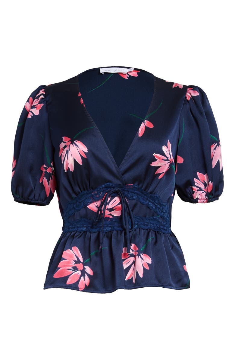 All in Favor Lace Trim Floral Satin Top, Alternate, color,