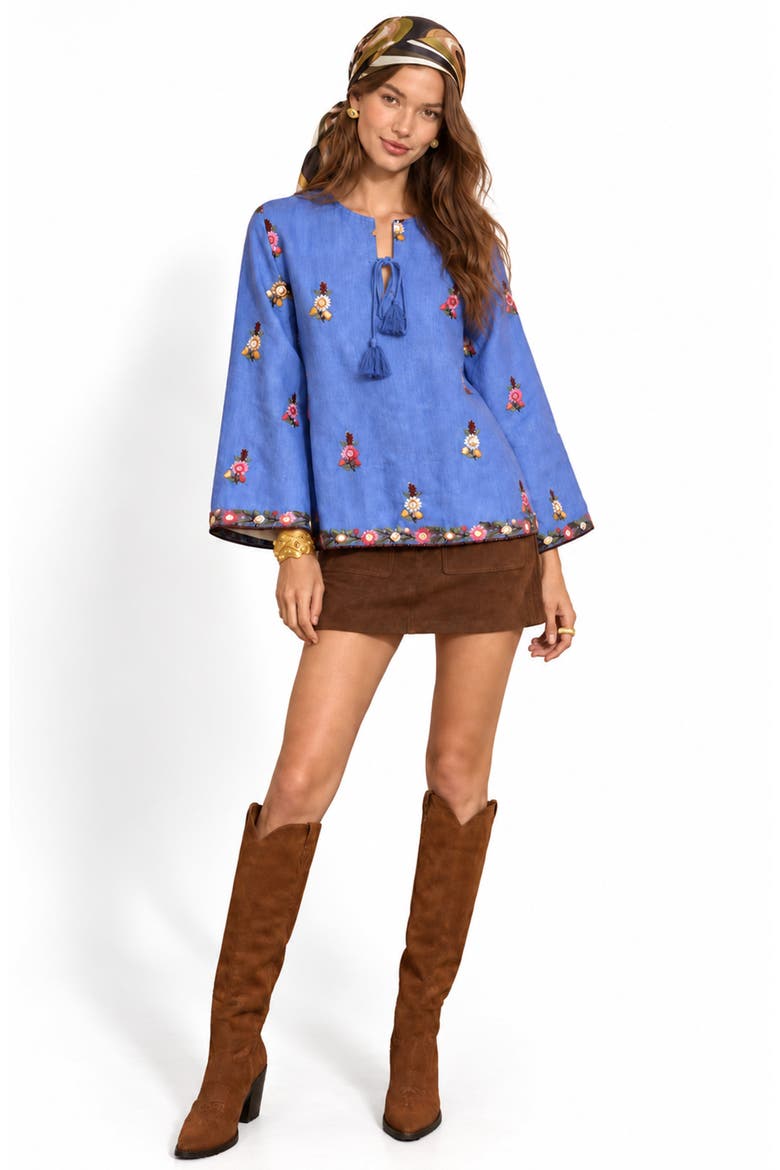 Linen Hand Embroidered Top, Alternate, color, Blue