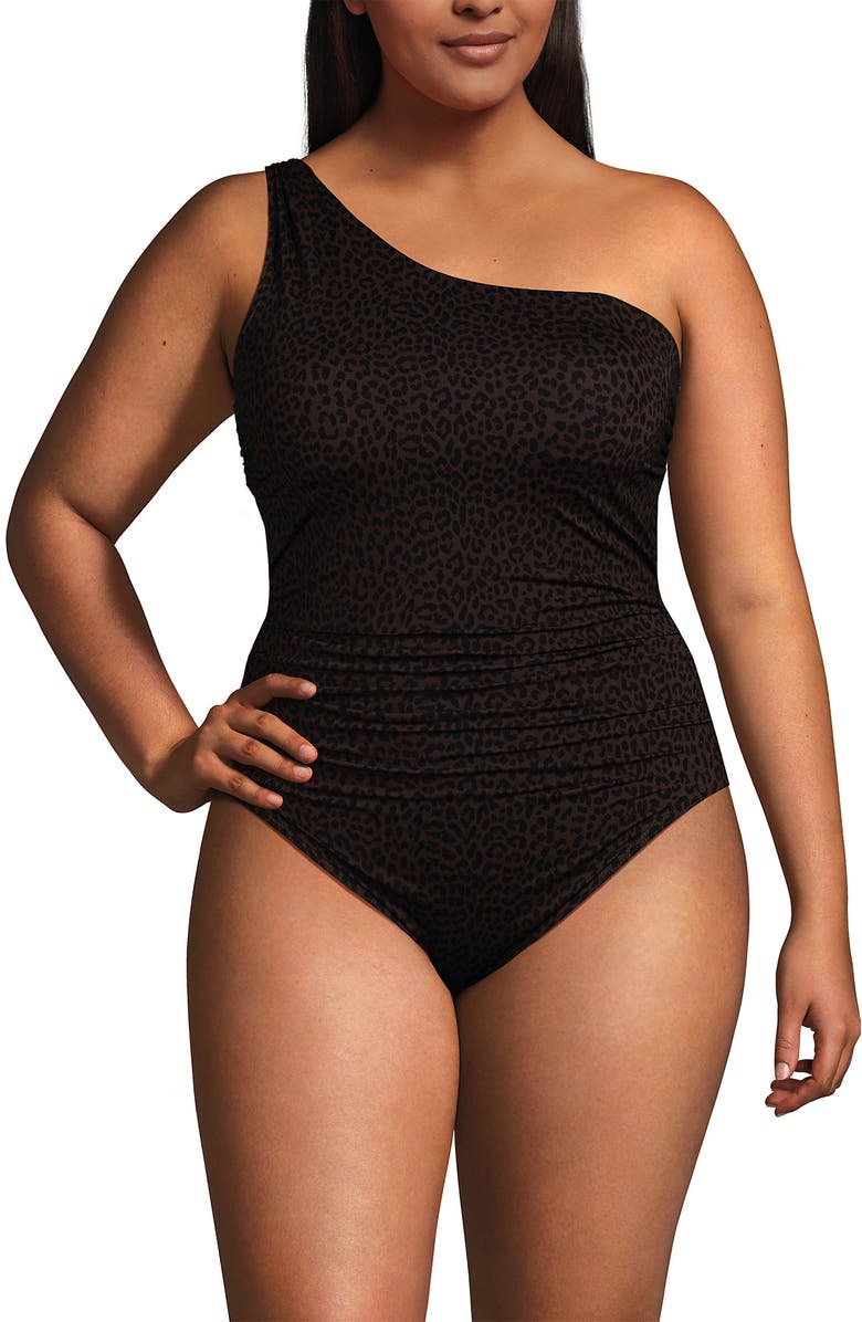 Lands' End Womens Chlorine Resistant Shirred One Shoulder One Piece Swimsuit Removable Adjustable Strap, Main, color, Brown Leopard