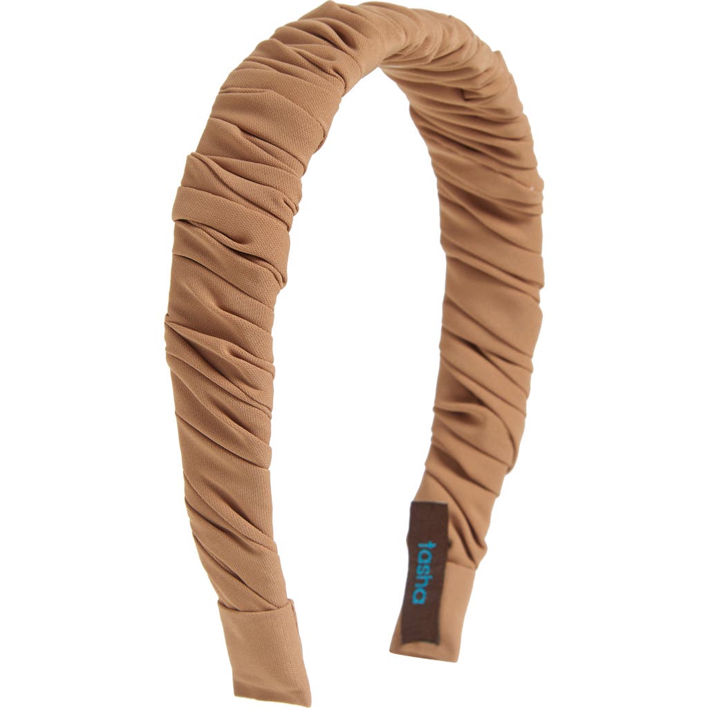 Tasha Ruched Satin Headband In Tan