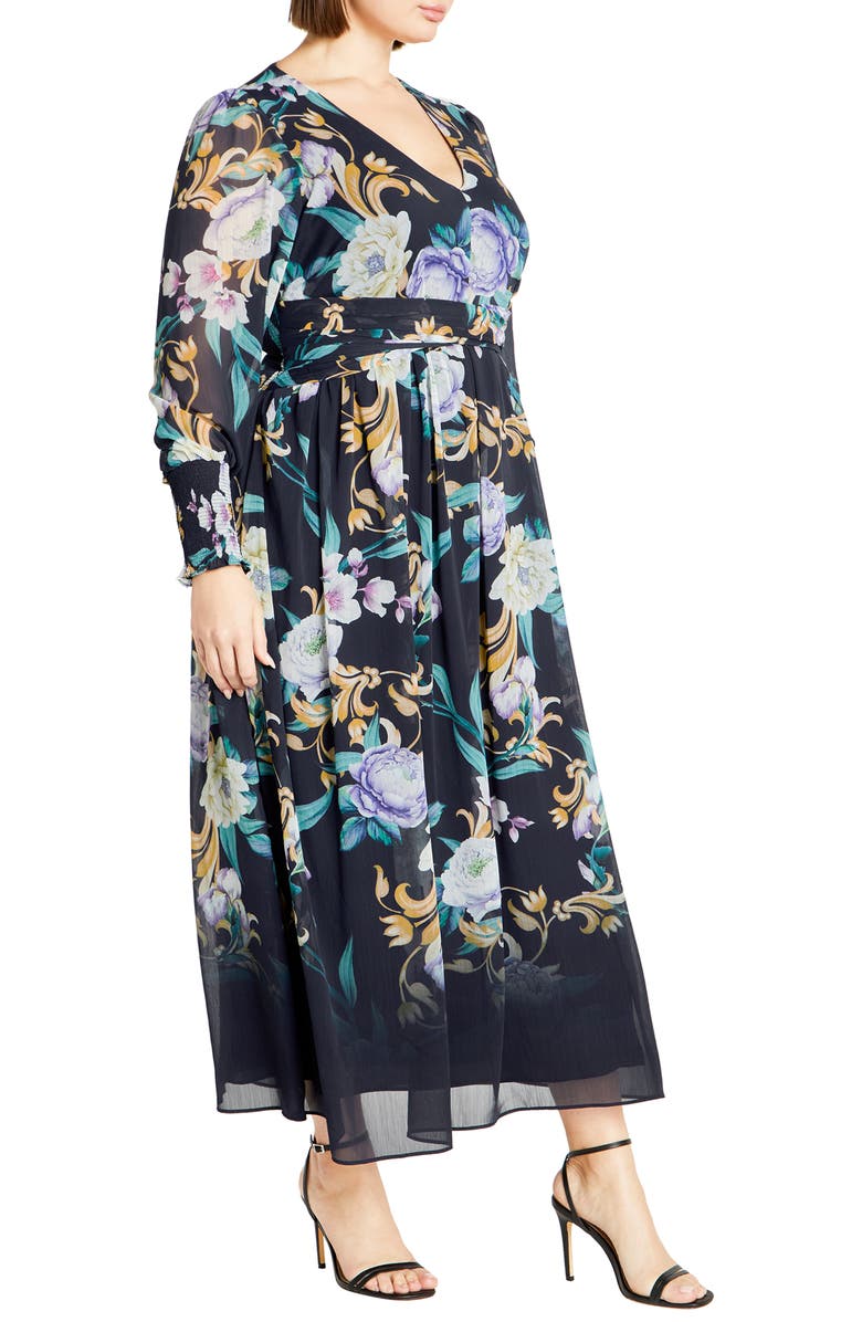 City Chic Nadia Floral Print Long Sleeve Maxi Dress, Alternate, color, Navy Floral Print