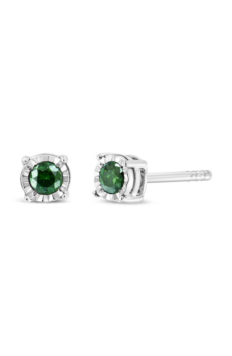 Haus of Brilliance Silver Rose Green Diamond Solitaire Stud Earrings, Alternate, color, White