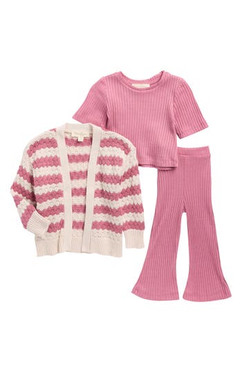 Jessica Simpson Stripe Cardigan, Top & Flare Leggings Set In Pink