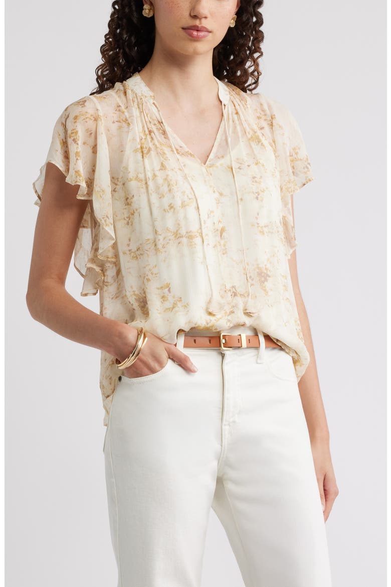 Flutter Sleeve Crinkle Chiffon Top, Main, color, IVORY- GOLD SOLY FLORAL